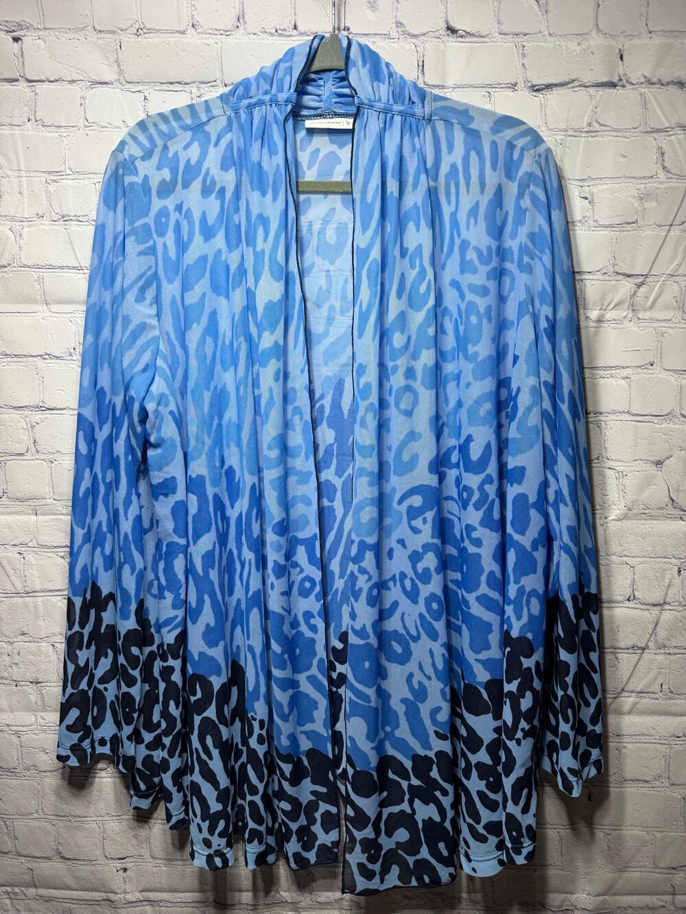 Susan Graver Sheer Leopard Print Kimono Blue Sz 1X Open Front Lagenlook